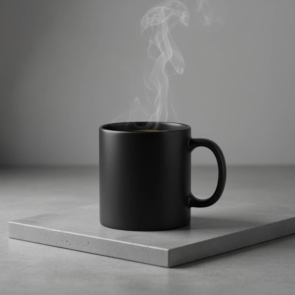 Example of product photography - black coffee mug with steam